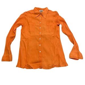 Vintage 70s PORTS International Crinkle Gauze Bell Sleeve Top Orange Tunic 16